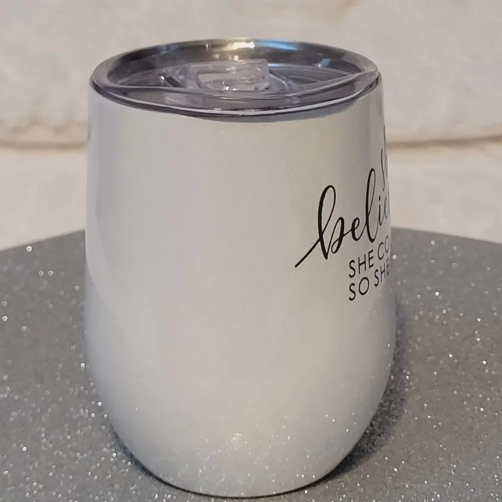 Klubi Wine Tumbler Breast Cancer Awareness Ribbon Iridescent Glitter White Lid